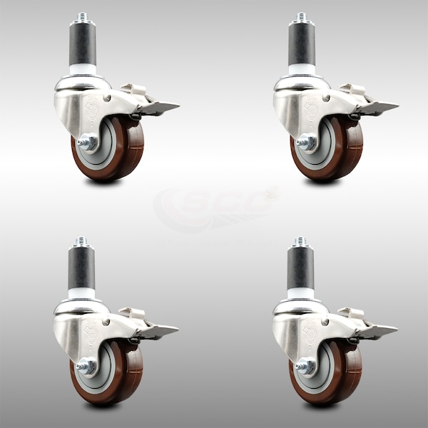 Service Caster 3.5 Inch 316SS Maroon Poly Swivel 1-3/8 Inch Stem Caster Set Lock Brake SCC SCC-SS316TTLEX20S3514-PPUB-MRN-138-4 - main